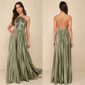 Lulus Elaborate Charm Olive Green Satin Pleated Backless Maxi Dress Wedding Prom